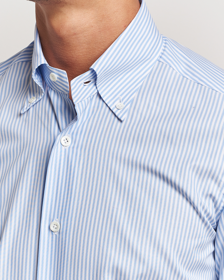 Heren | Overhemden | Mazzarelli | Soft Cotton Striped Button Down Shirt Light Blue