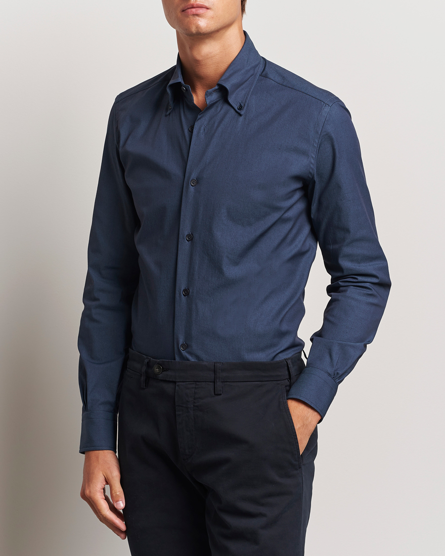 Heren | Overhemden | Mazzarelli | Soft Garment Dyed Button Down Shirt Navy