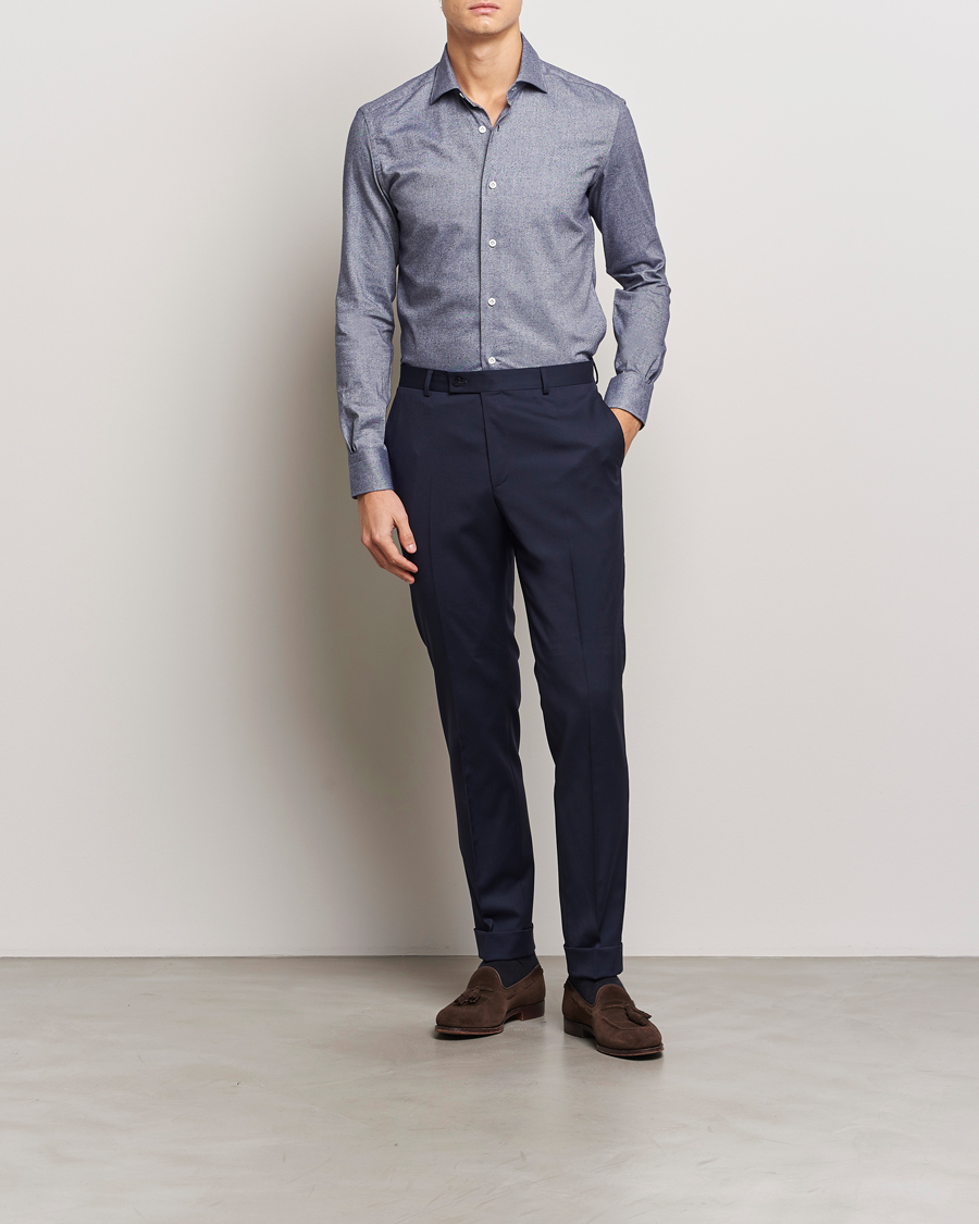 Heren | Overhemden | Mazzarelli | Soft Flannel Cut Away Shirt Dark Blue