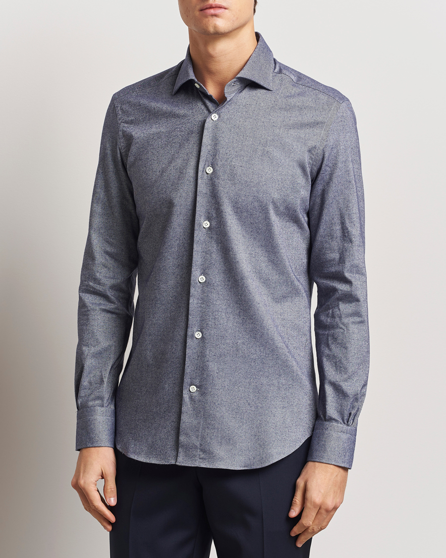 Heren | Overhemden | Mazzarelli | Soft Flannel Cut Away Shirt Dark Blue