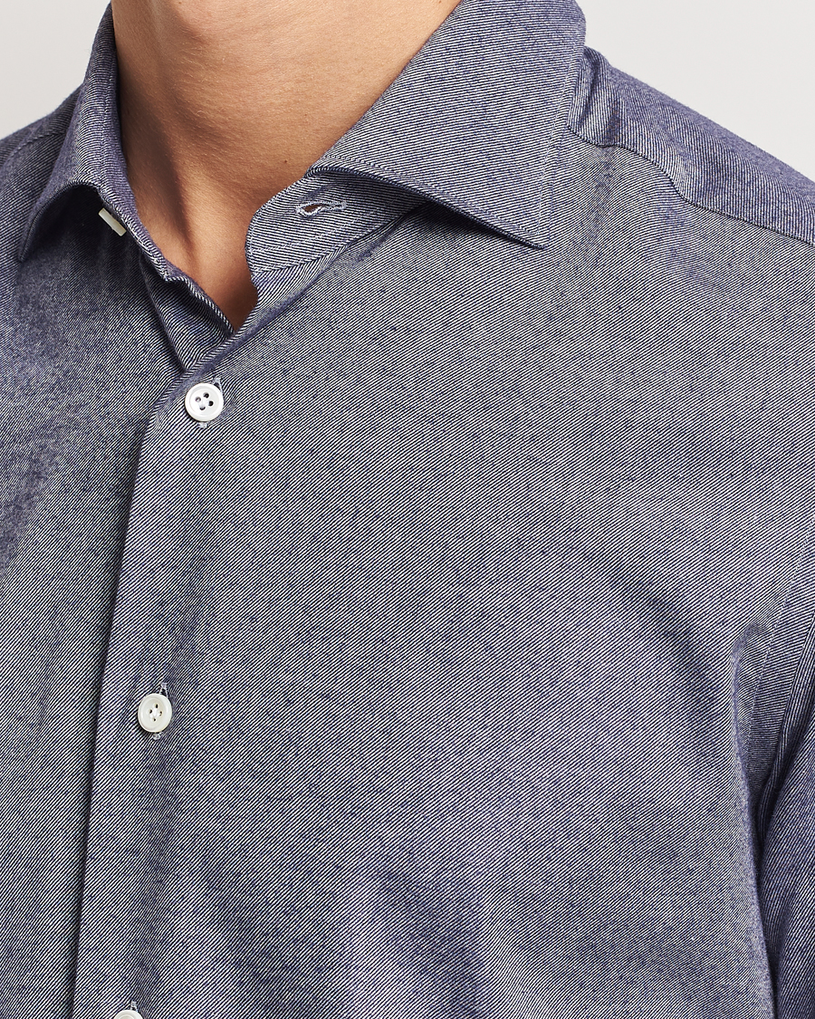 Heren | Overhemden | Mazzarelli | Soft Flannel Cut Away Shirt Dark Blue