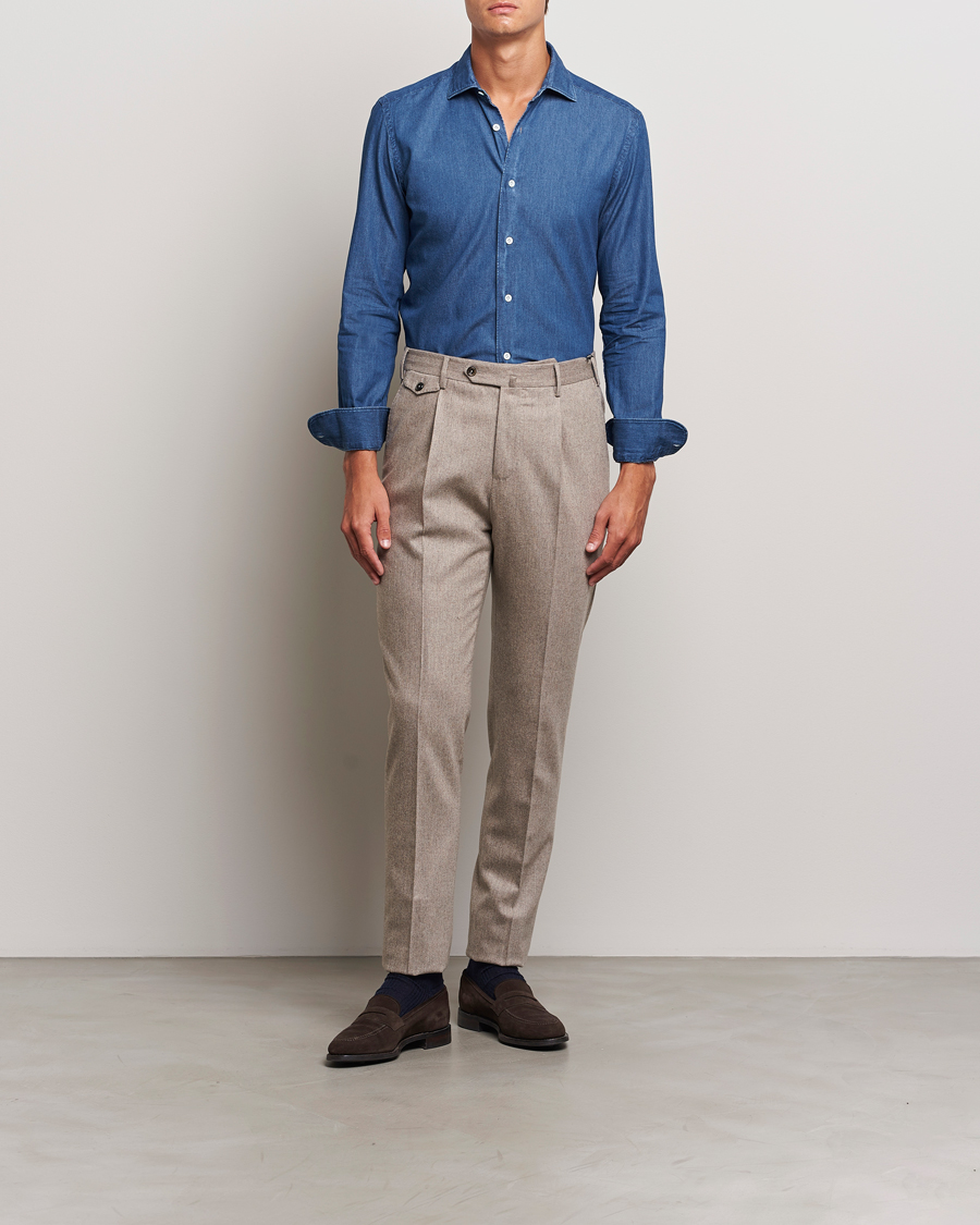 Heren | Overhemden | Mazzarelli | Soft Cotton Denim Shirt Stone Wash