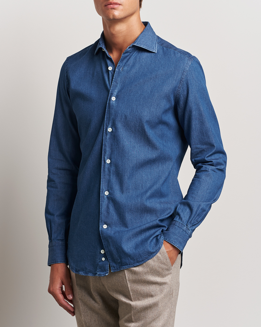 Heren | Overhemden | Mazzarelli | Soft Cotton Denim Shirt Stone Wash