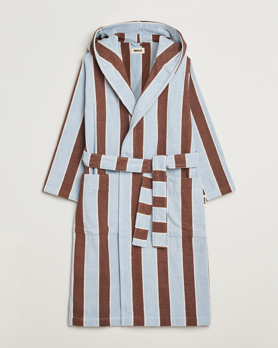 Heren | Tekla Organic Terry Hooded Bathrobe Cocoa Stripes | Tekla | Organic Terry Hooded Bathrobe Cocoa Stripes