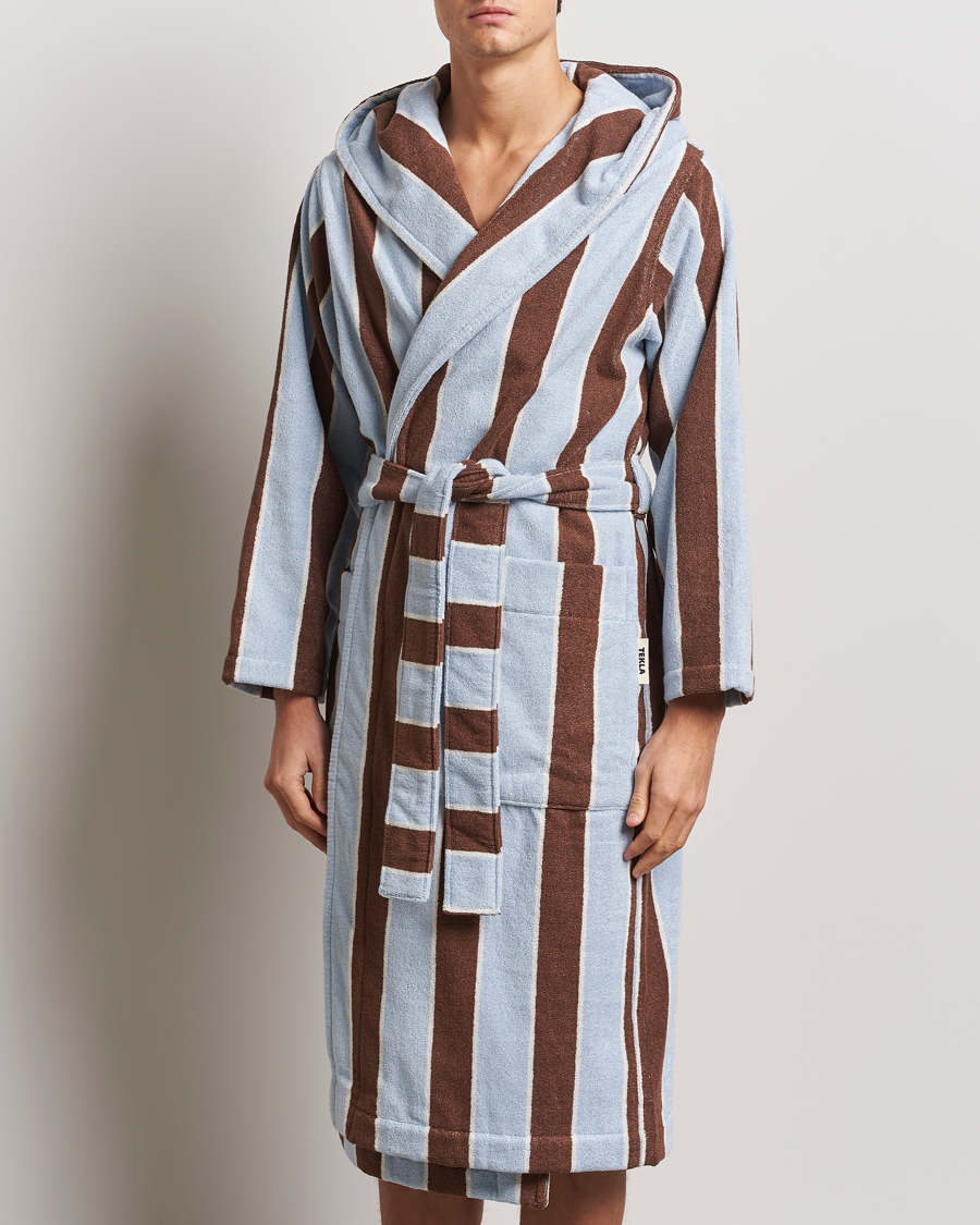 Heren | Tekla Organic Terry Hooded Bathrobe Cocoa Stripes | Tekla | Organic Terry Hooded Bathrobe Cocoa Stripes