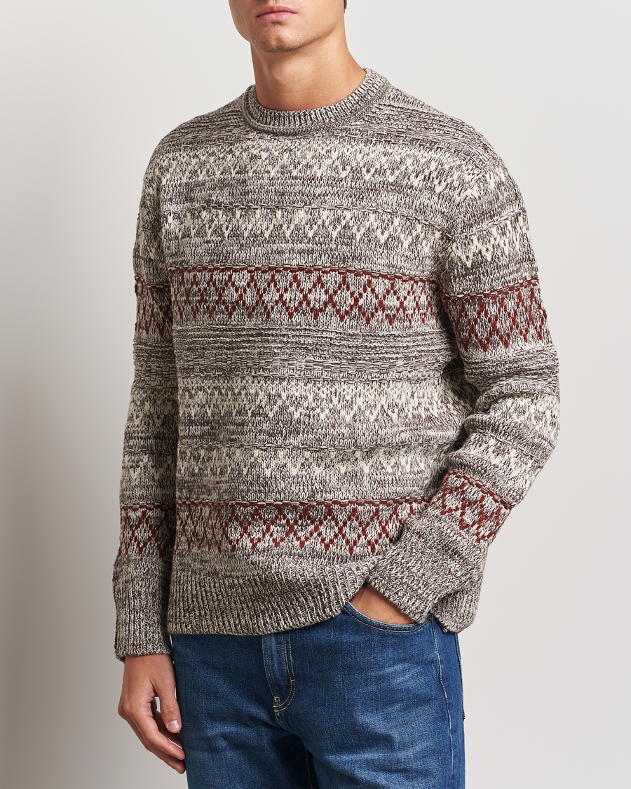 Heren | Truien | KnowledgeCotton Apparel | Knitted Pattern Lambswool Crewneck Brown