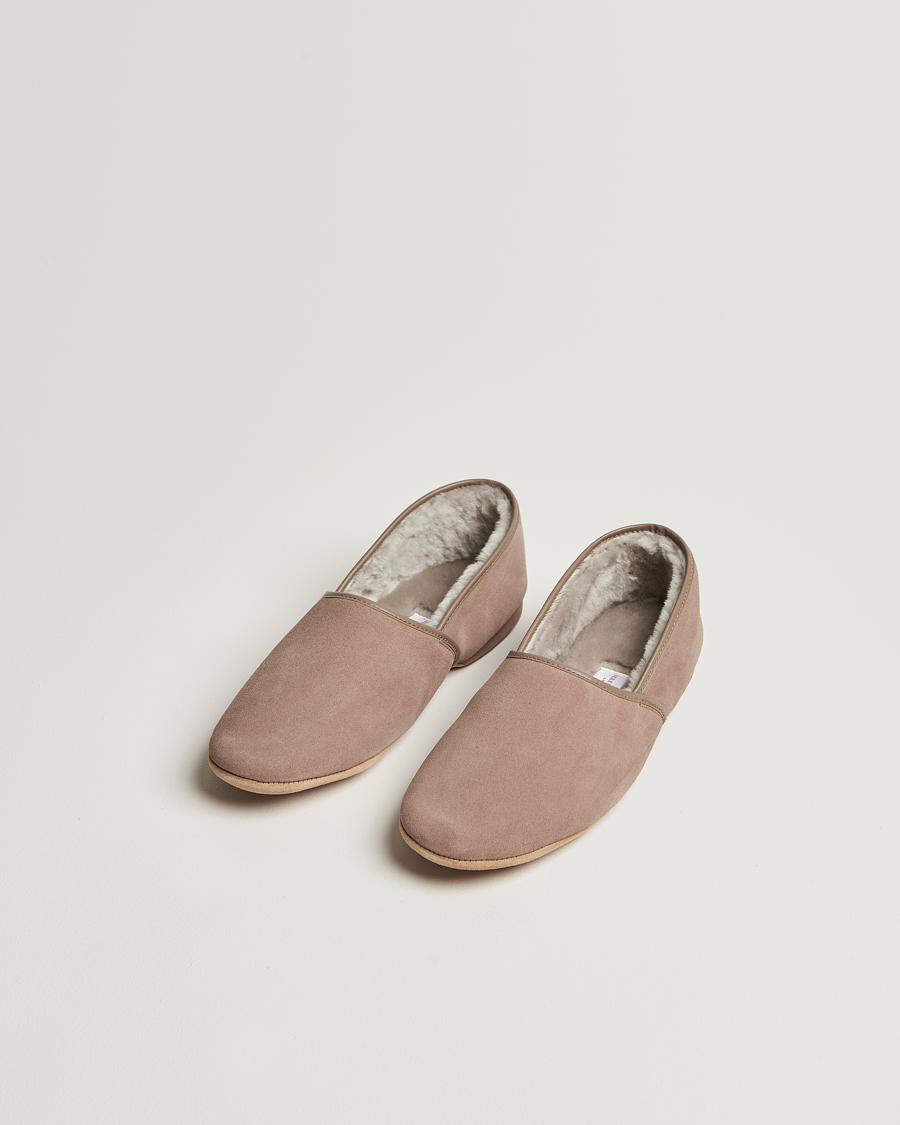 Heren | Derek Rose Crawford Sheepskin Suede Slippers Beige | Derek Rose | Crawford Sheepskin Suede Slippers Beige