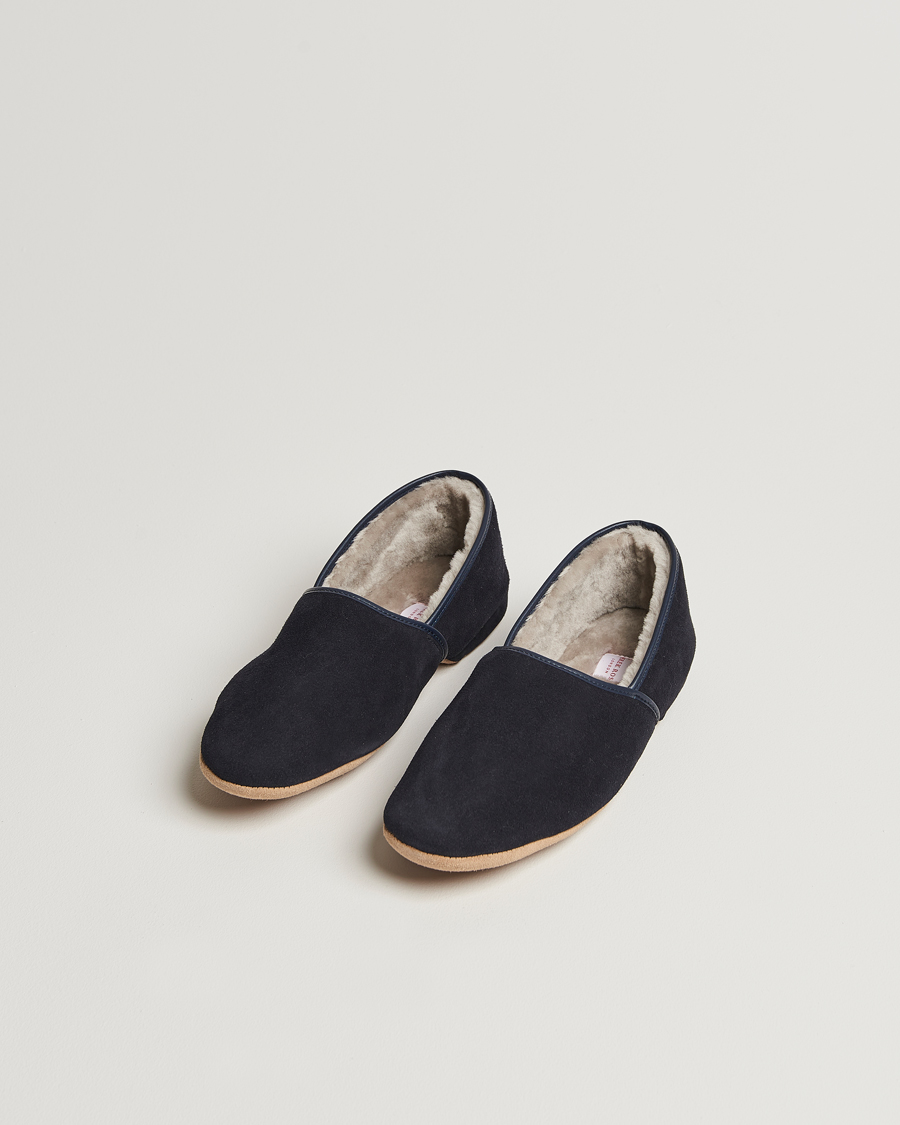 Heren | Sandalen slides | Derek Rose | Crawford Sheepskin Suede Slippers Navy