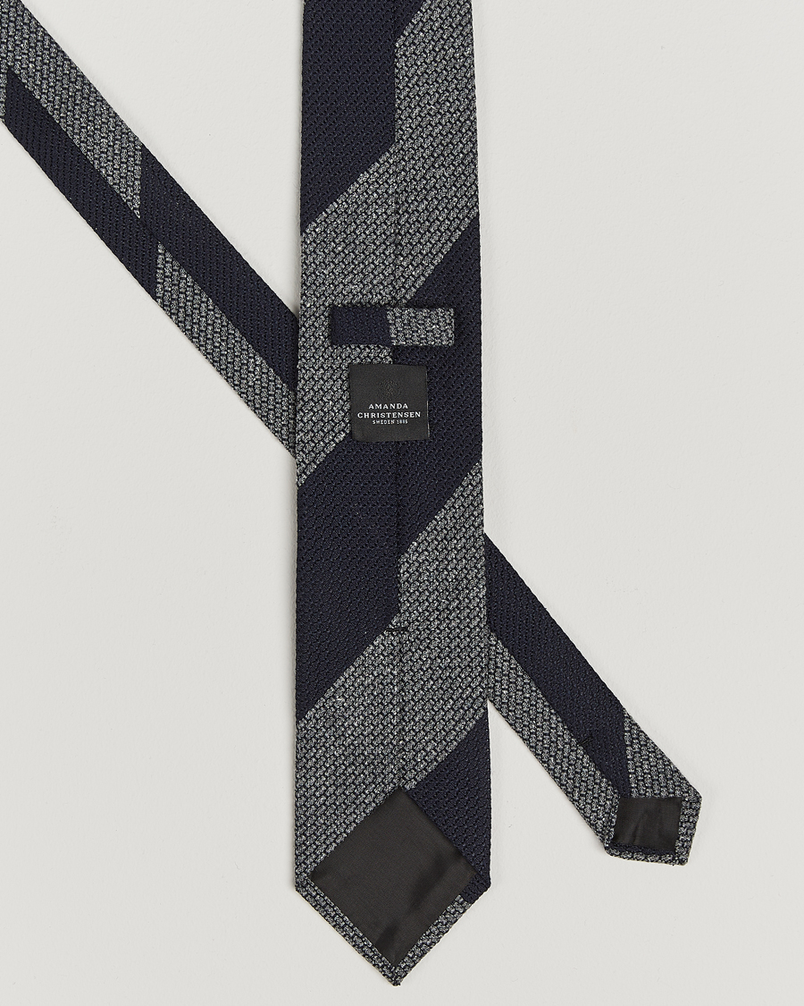 Heren | Amanda Christensen Silk/Wool Striped 8cm Tie Navy/Grey | Amanda Christensen | Silk/Wool Striped 8cm Tie Navy/Grey