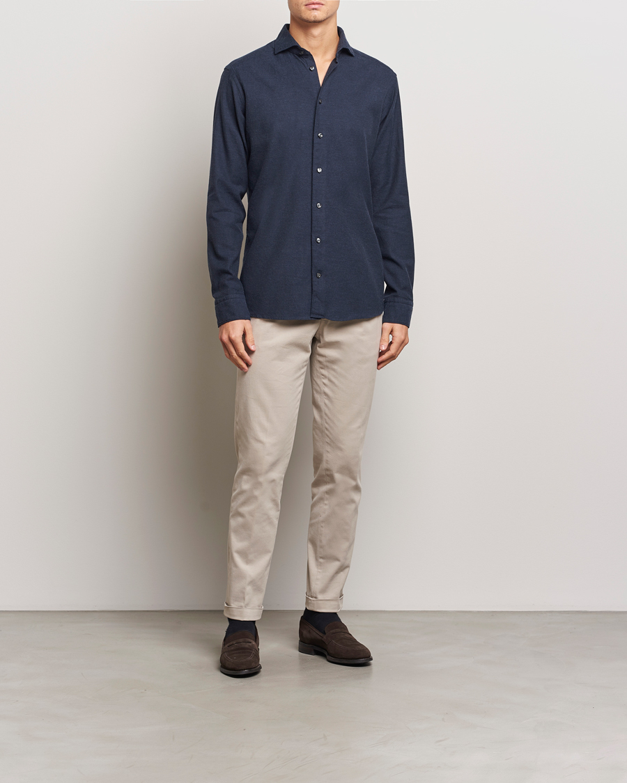 Heren | Overhemden | Eton | Slim Fit Twill Flannel Shirt Navy Blue