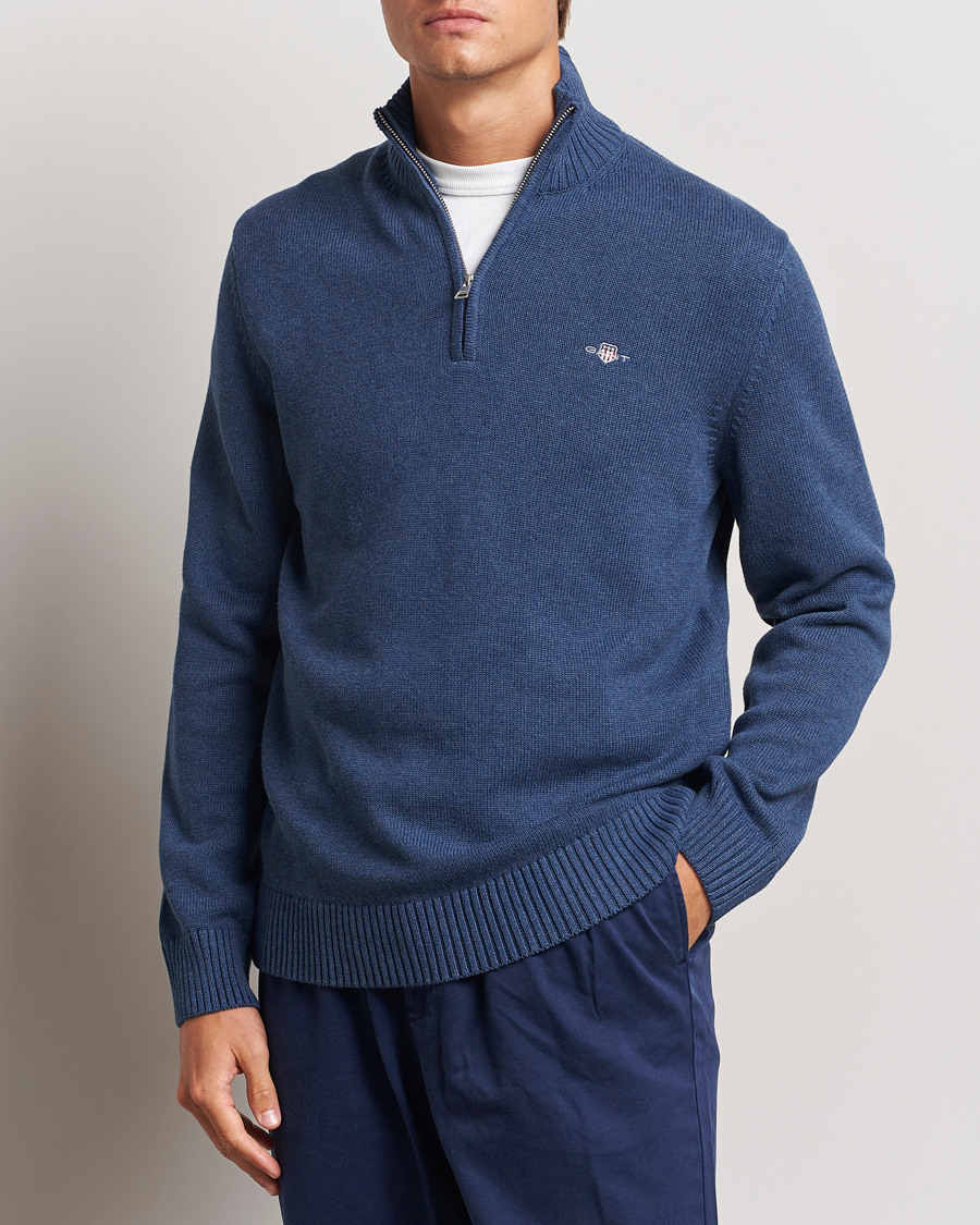 Heren | Truien | GANT | Casual Cotton Half Zip Dark Jeans Blue Melange