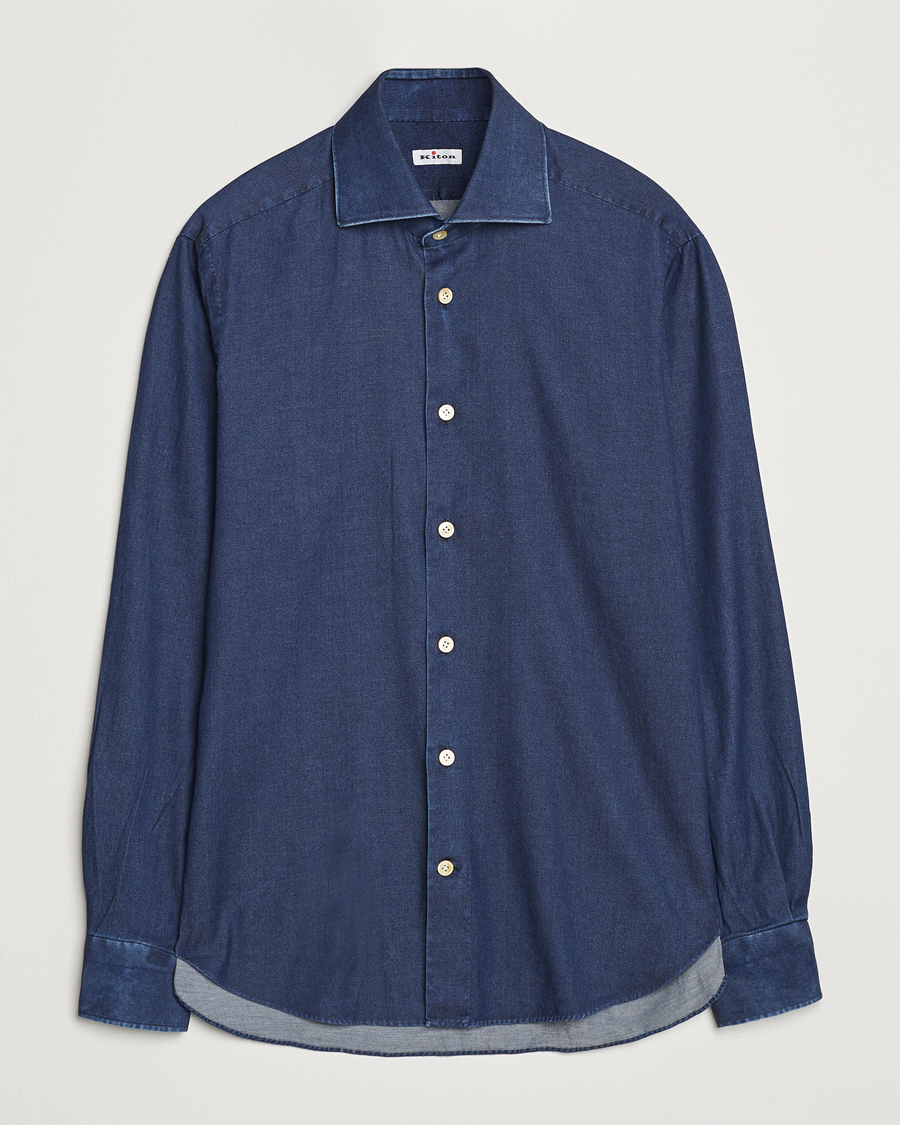 Heren | Overhemden | Kiton | Stretch Denim Cut Away Shirt Blue Indigo