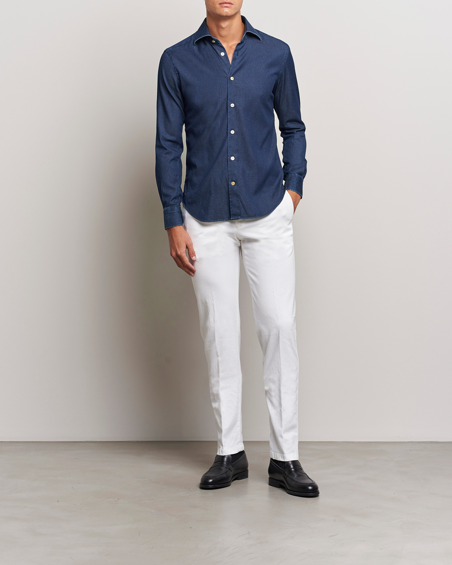 Heren | Overhemden | Kiton | Stretch Denim Cut Away Shirt Blue Indigo