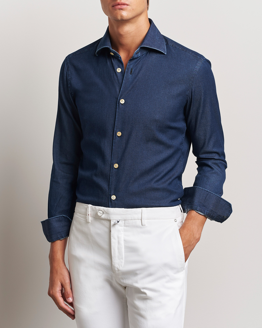 Heren | Overhemden | Kiton | Stretch Denim Cut Away Shirt Blue Indigo