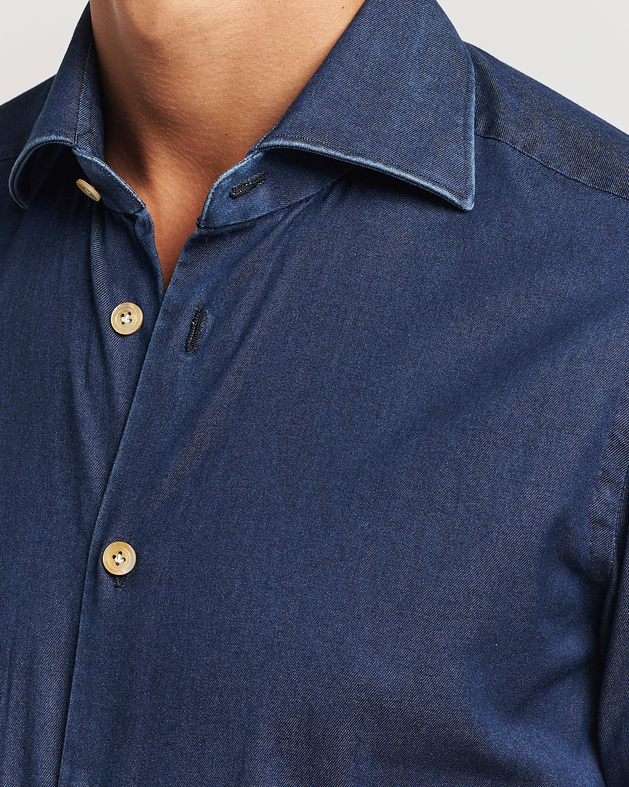 Heren | Overhemden | Kiton | Stretch Denim Cut Away Shirt Blue Indigo