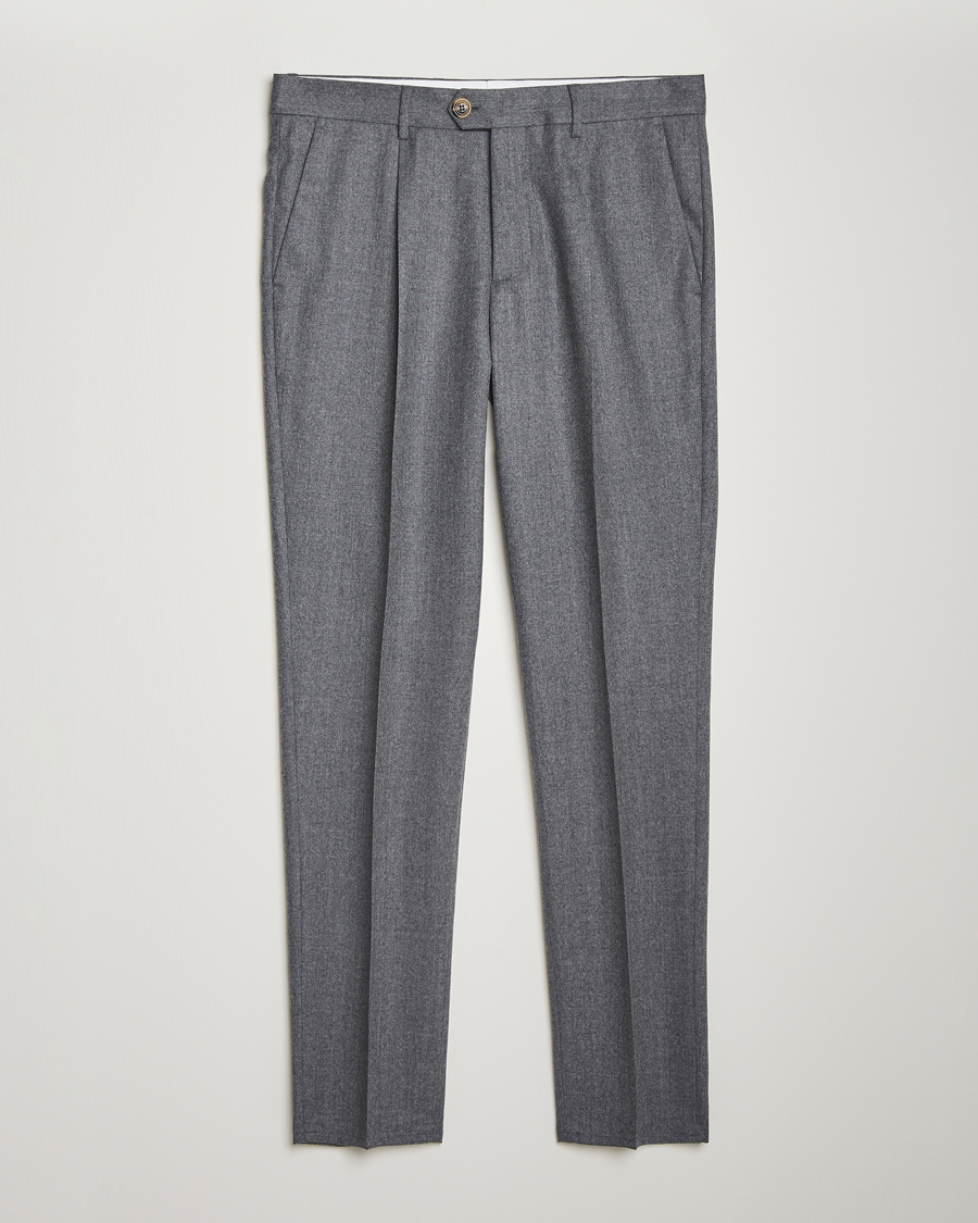 Heren | Broeken | Brunello Cucinelli | Slim Fit Pleated Flannel Trousers Grey Melange