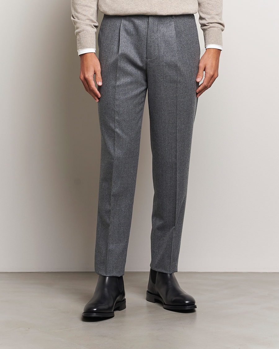 Heren | Broeken | Brunello Cucinelli | Slim Fit Pleated Flannel Trousers Grey Melange