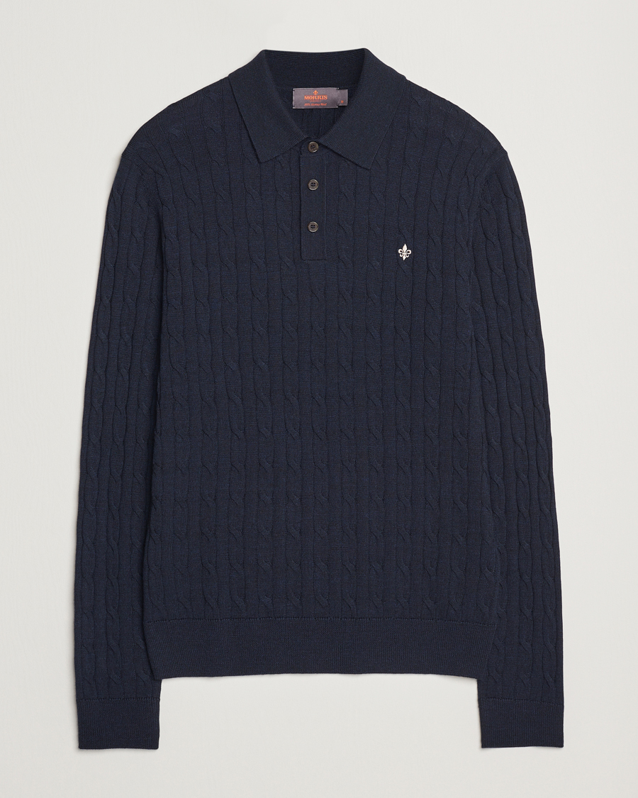 Heren | Truien | Morris | Merino Cable Polo Knit Navy