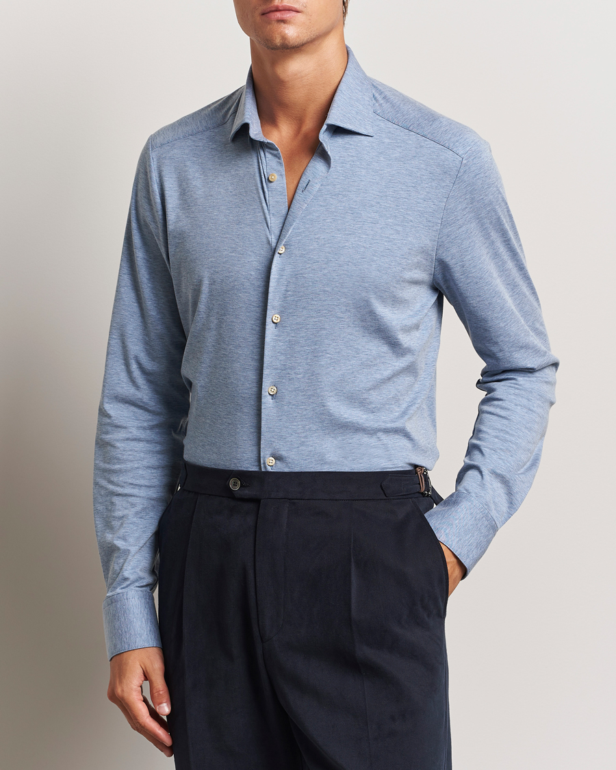Heren | Overhemden | Stenströms | Slimline 4-Way Stretch Jersey Shirt Blue