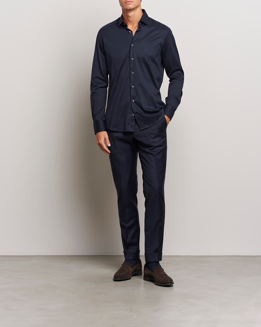 Heren | Overhemden | Stenströms | Slimline Stretch Jersey Shirt Navy