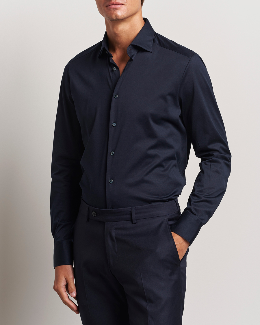 Heren | Overhemden | Stenströms | Slimline Stretch Jersey Shirt Navy