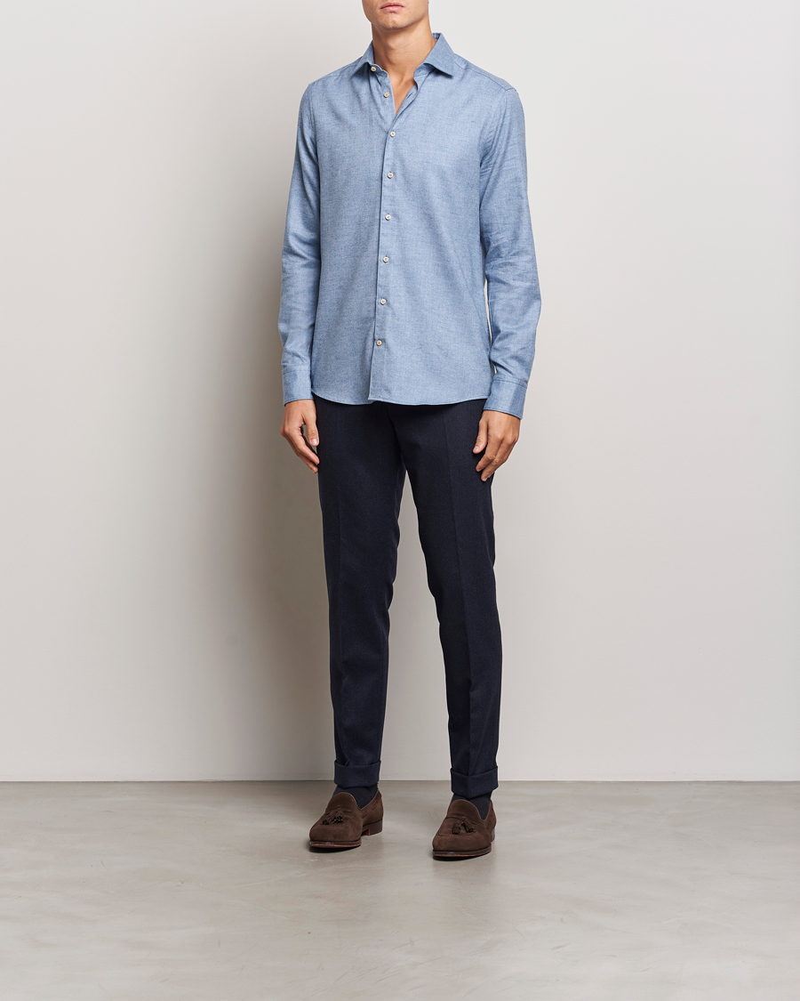 Heren | Overhemden | Stenströms | Slimline Brushed Cotton/Lyocell Cut Away Shirt Blue
