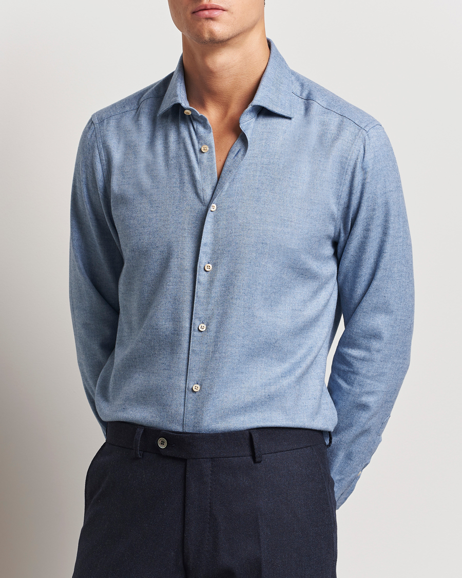 Heren | Overhemden | Stenströms | Slimline Brushed Cotton/Lyocell Cut Away Shirt Blue