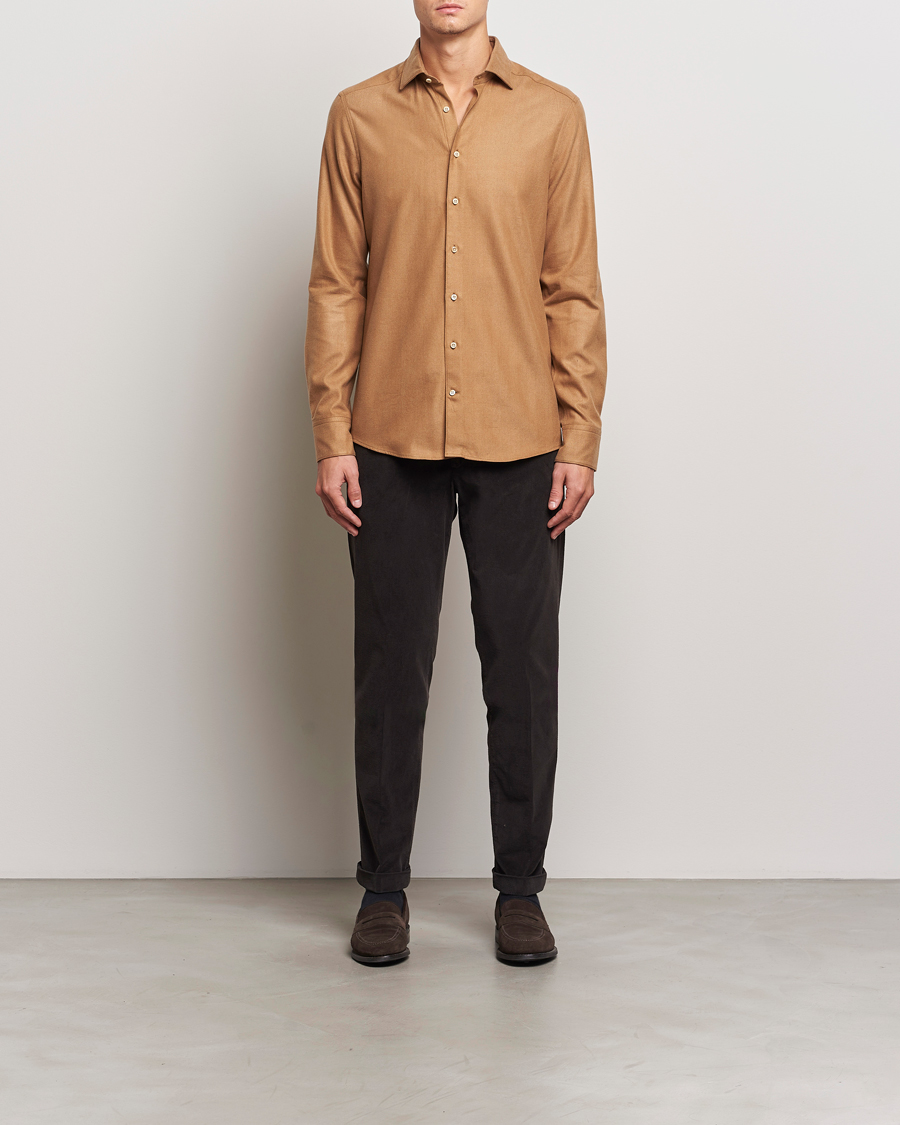 Heren | Overhemden | Stenströms | Slimline Brushed Cotton/Lyocell Cut Away Shirt Brown