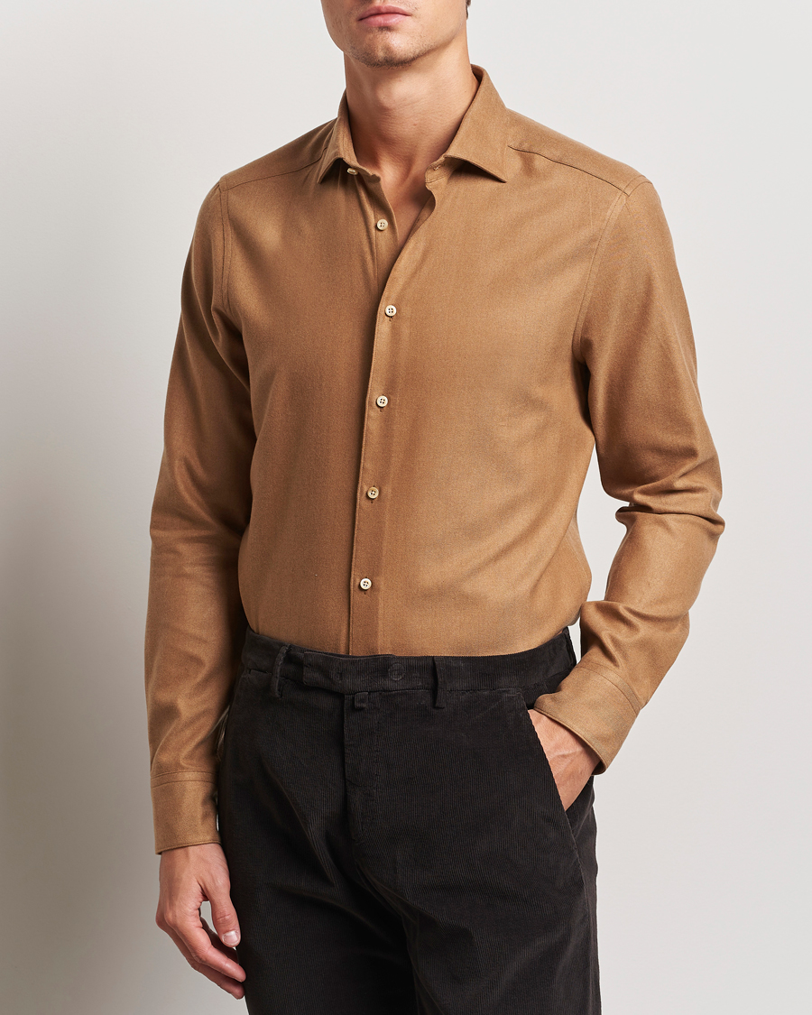 Heren | Overhemden | Stenströms | Slimline Brushed Cotton/Lyocell Cut Away Shirt Brown