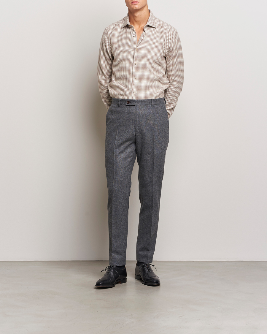 Heren | Overhemden | Stenströms | Slimline Flannel Houndstooth Shirt Light Brown