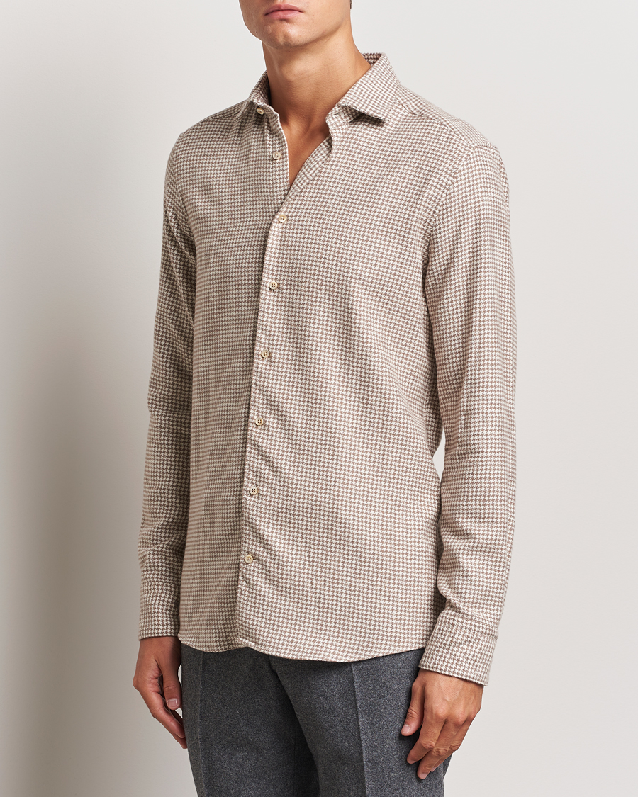 Heren | Overhemden | Stenströms | Slimline Flannel Houndstooth Shirt Light Brown
