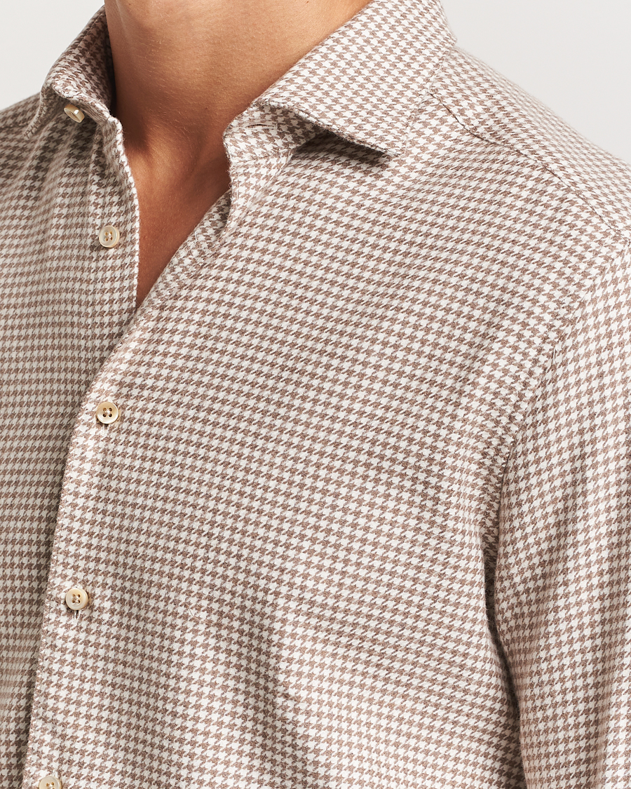 Heren | Overhemden | Stenströms | Slimline Flannel Houndstooth Shirt Light Brown