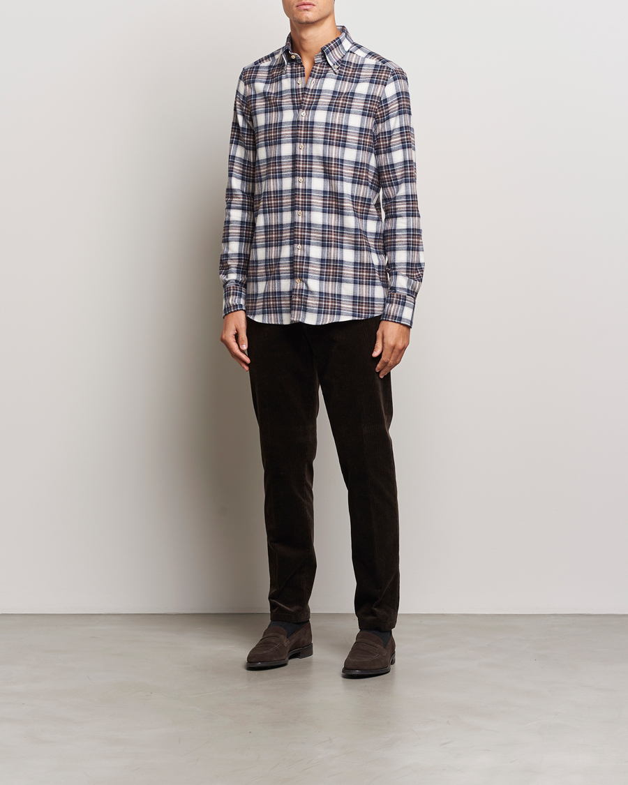 Heren | Overhemden | Stenströms | Slimline Flannel Big Checked Shirt Blue/Brown