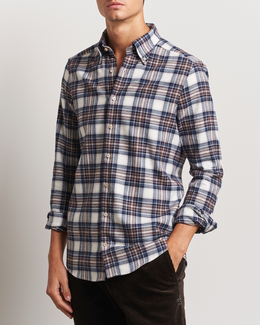 Heren | Overhemden | Stenströms | Slimline Flannel Big Checked Shirt Blue/Brown
