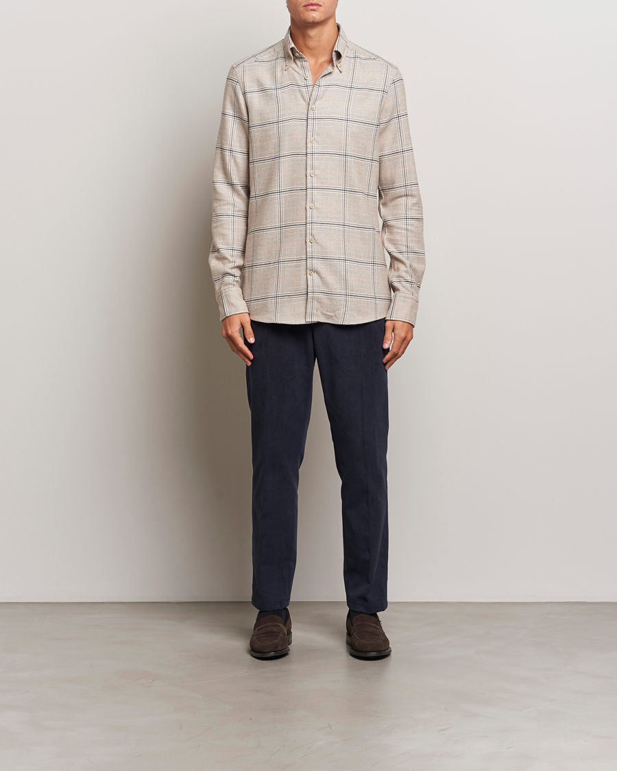 Heren | Overhemden | Stenströms | Slimline Flannel Overcheck Shirt Light Brown