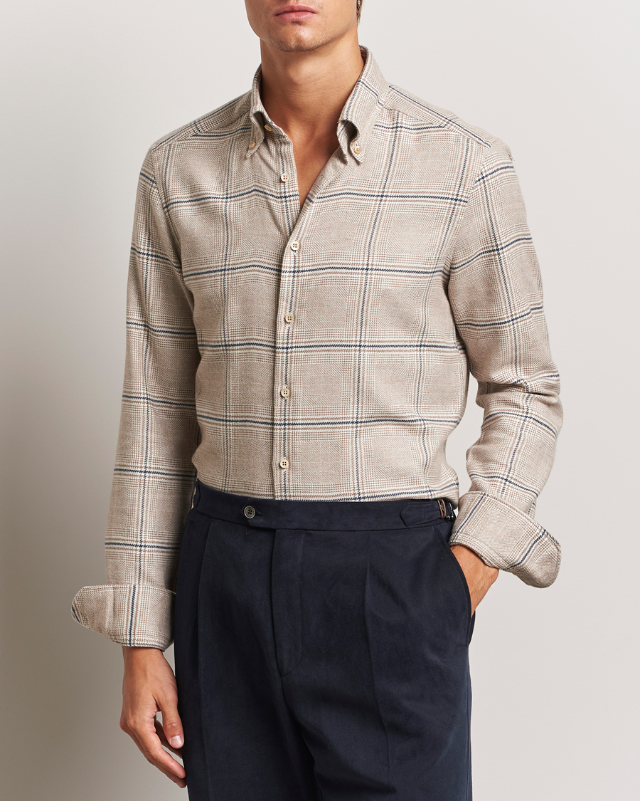 Heren | Overhemden | Stenströms | Slimline Flannel Overcheck Shirt Light Brown