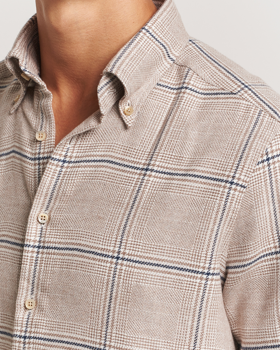 Heren | Overhemden | Stenströms | Slimline Flannel Overcheck Shirt Light Brown