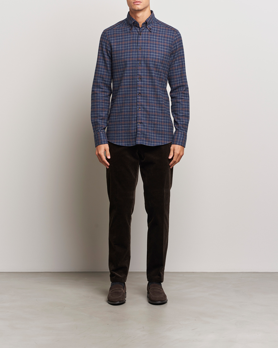 Heren | Overhemden | Stenströms | Slimline Small Check Flannel Shirt Dark Blue