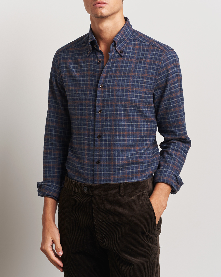 Heren | Overhemden | Stenströms | Slimline Small Check Flannel Shirt Dark Blue