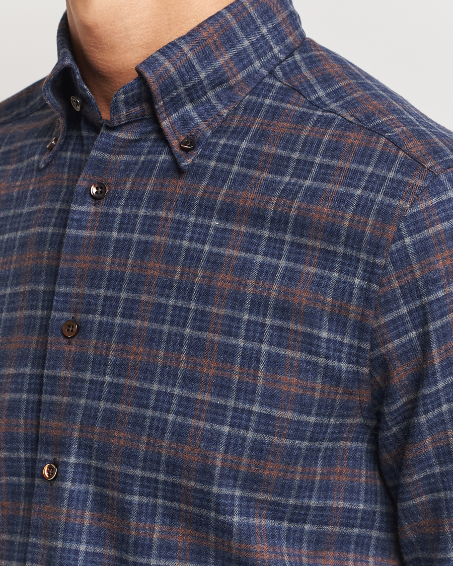 Heren | Overhemden | Stenströms | Slimline Small Check Flannel Shirt Dark Blue