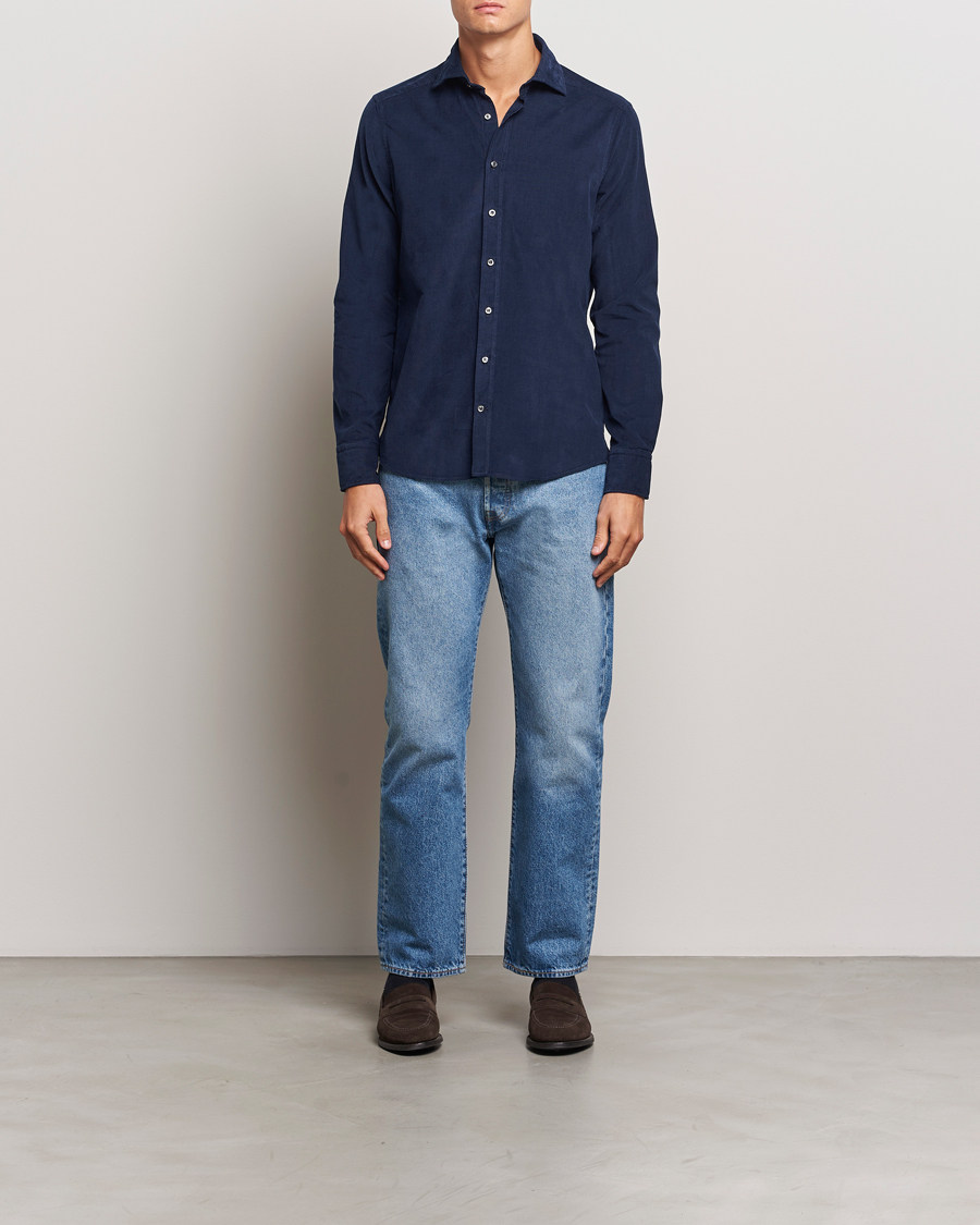 Heren | Overhemden | Stenströms | Slimline Cut Away Cord Shirt Blue