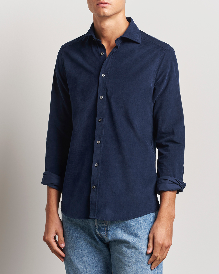 Heren | Overhemden | Stenströms | Slimline Cut Away Cord Shirt Blue