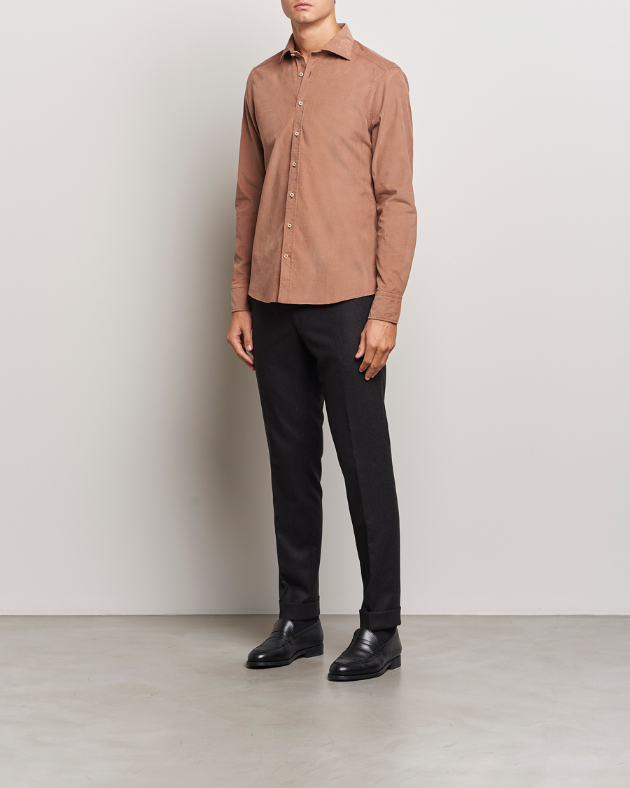 Heren | Overhemden | Stenströms | Slimline Cut Away Cord Shirt Light Brown