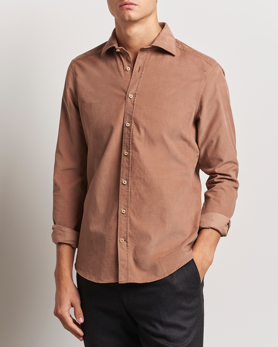Heren | Overhemden | Stenströms | Slimline Cut Away Cord Shirt Light Brown