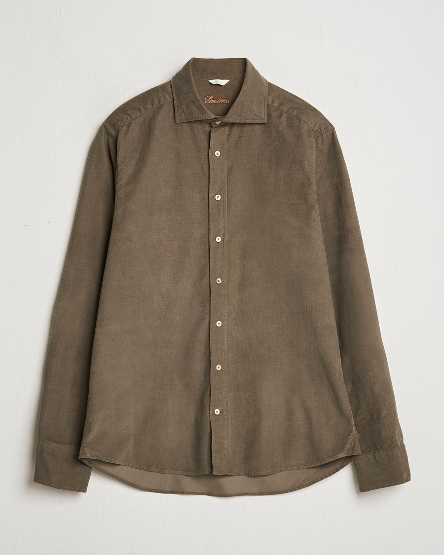 Heren | Overhemden | Stenströms | Slimline Cut Away Cord Shirt Dark Green