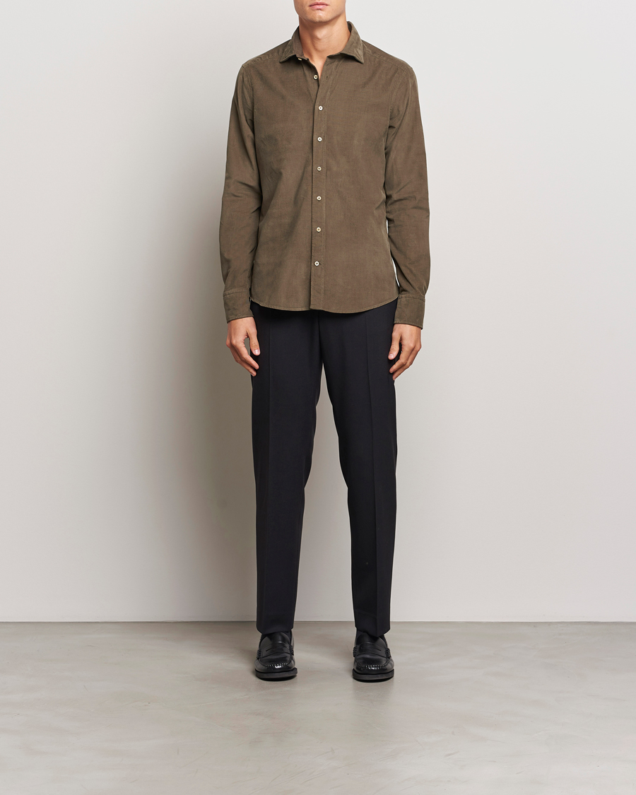 Heren | Overhemden | Stenströms | Slimline Cut Away Cord Shirt Dark Green