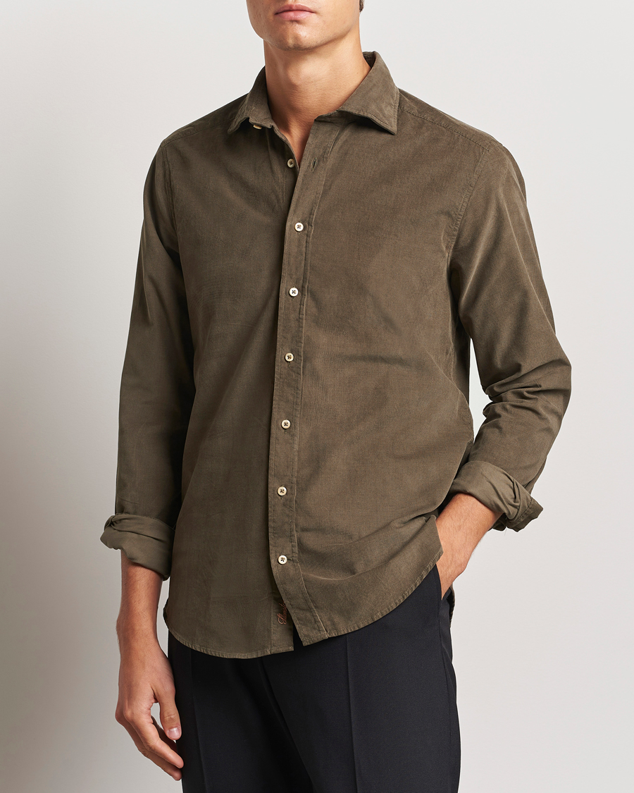 Heren | Overhemden | Stenströms | Slimline Cut Away Cord Shirt Dark Green