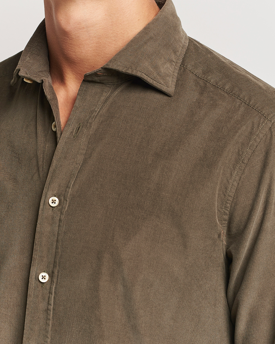 Heren | Overhemden | Stenströms | Slimline Cut Away Cord Shirt Dark Green