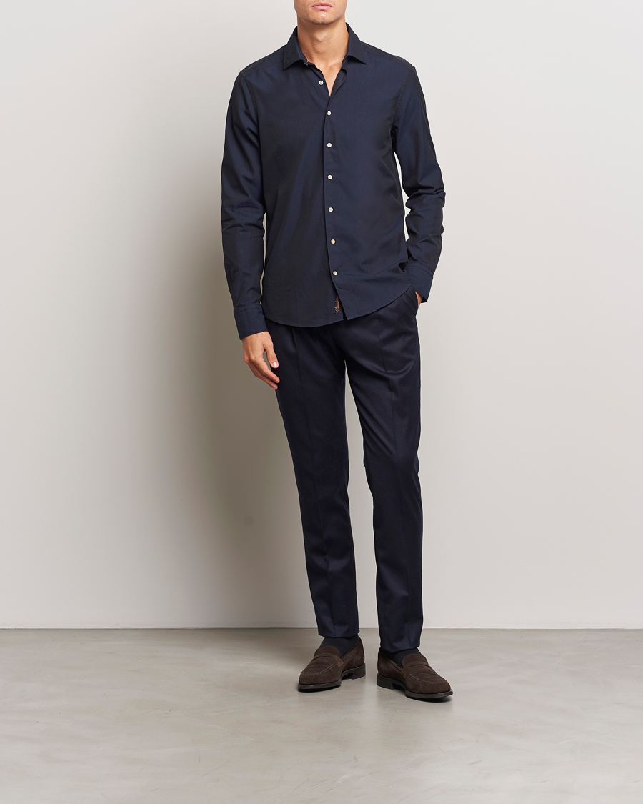 Heren | Overhemden | Stenströms | Slimline Cut Away Washed Twill Shirt Navy