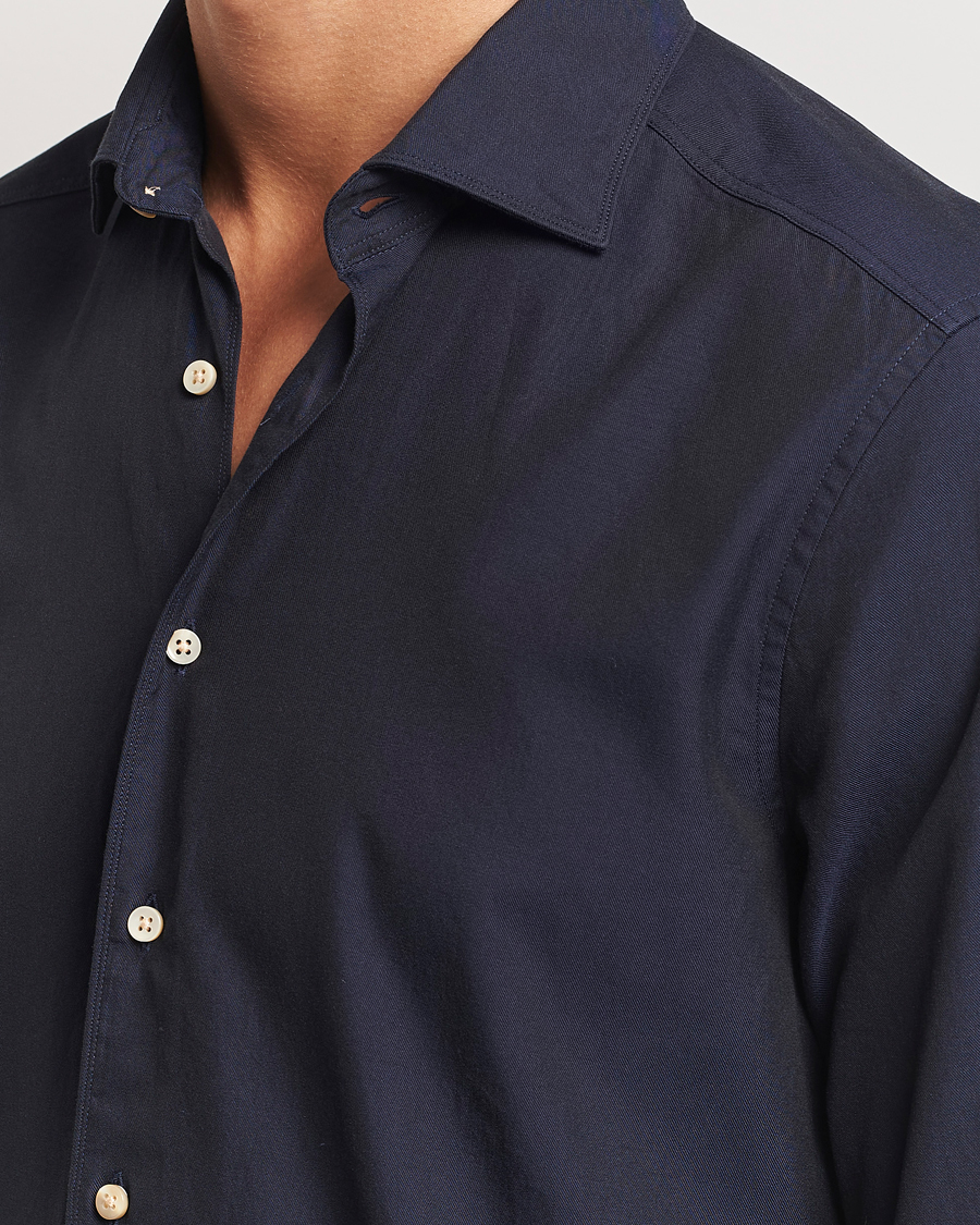 Heren | Overhemden | Stenströms | Slimline Cut Away Washed Twill Shirt Navy